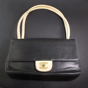 Chanel Black & White Perforated Leather Flap Vintage Shoulder Bag Purse 10" NR!C